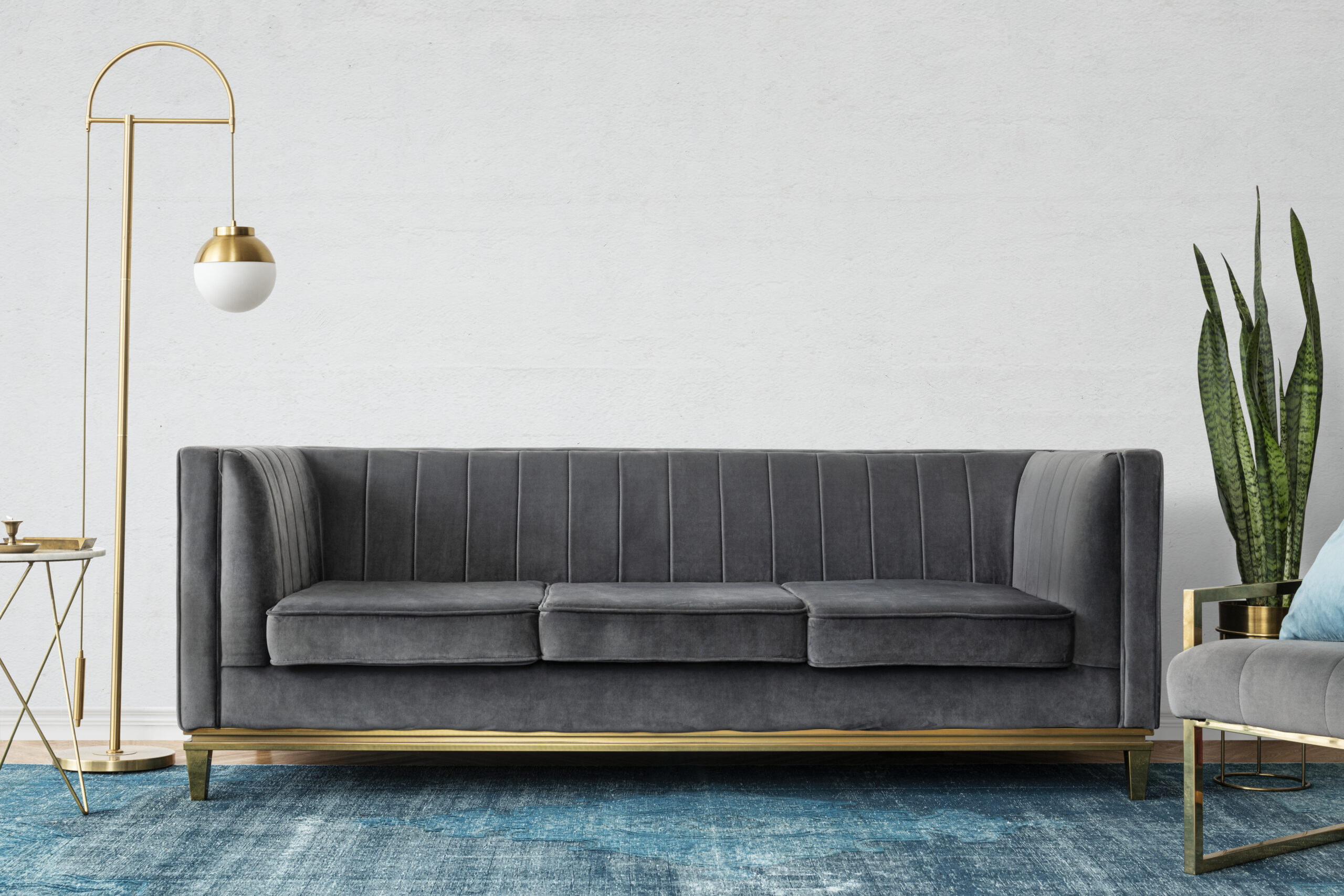 Chic mid-century modern luxury aesthetics living room with gray velvet couch and blue rug
